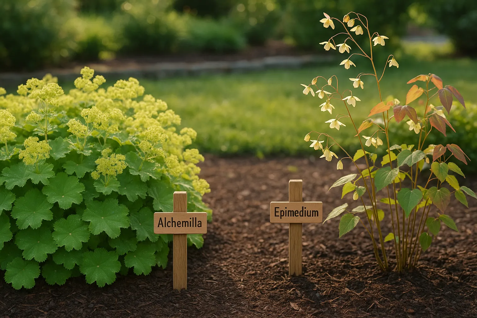 Side-by-side Alchemilla mat and Epimedium tidy clump in a sunlit garden.