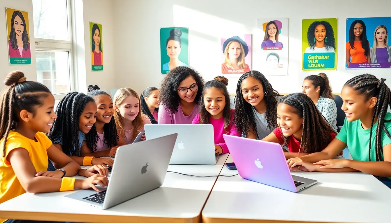 young girls coding together in a vibrant classroom.