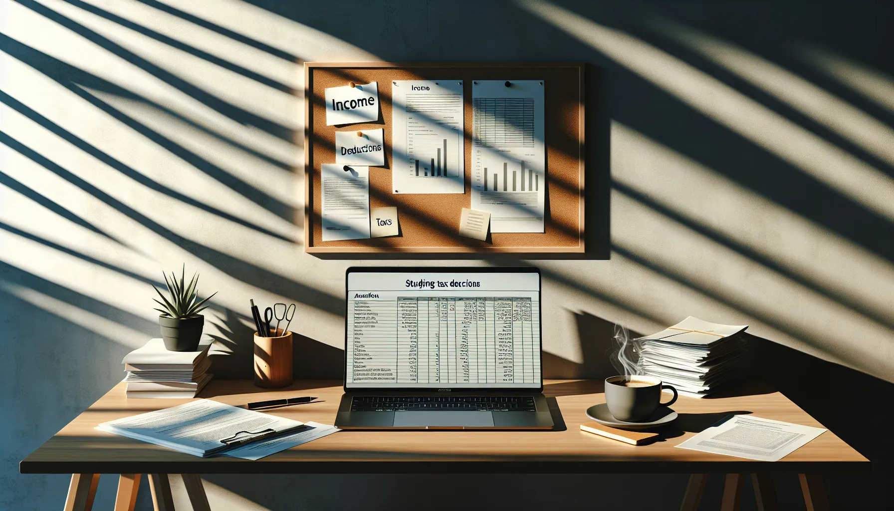 A home office desk with a laptop and tax documents.