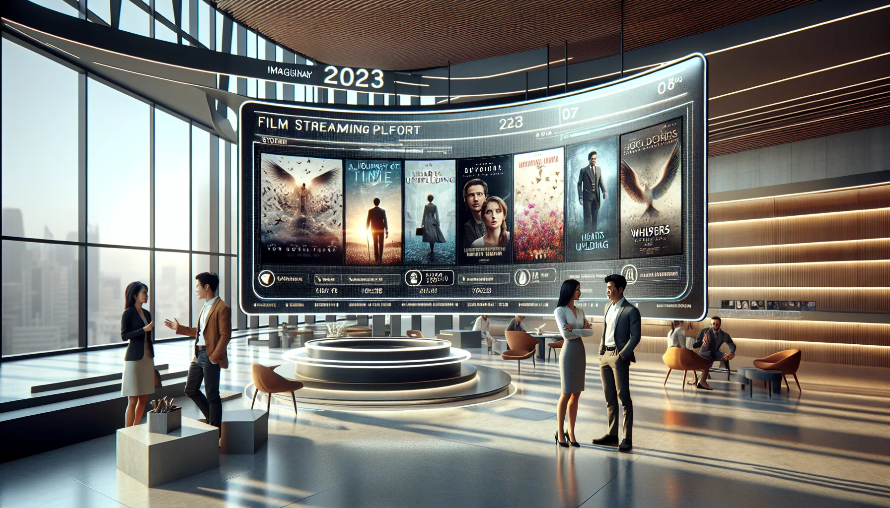 movie platform showcase with diverse professionals discussing 2023 films.