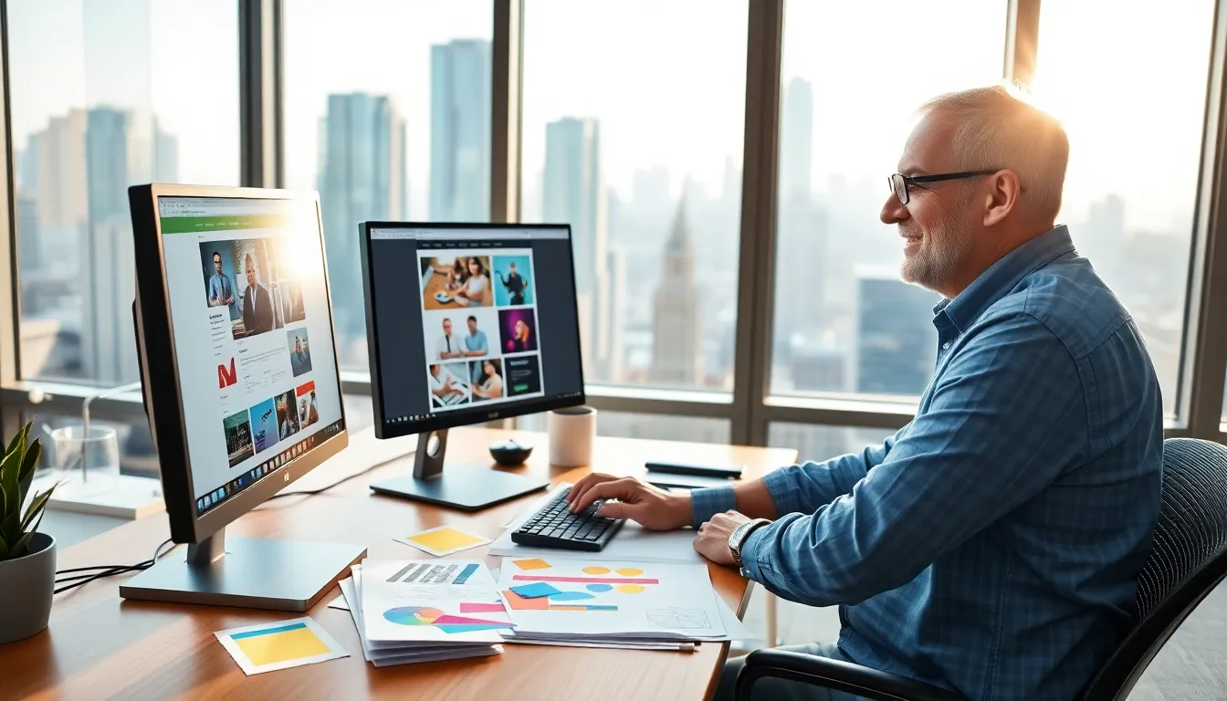 a web designer creating a stable web page layout in a modern office.