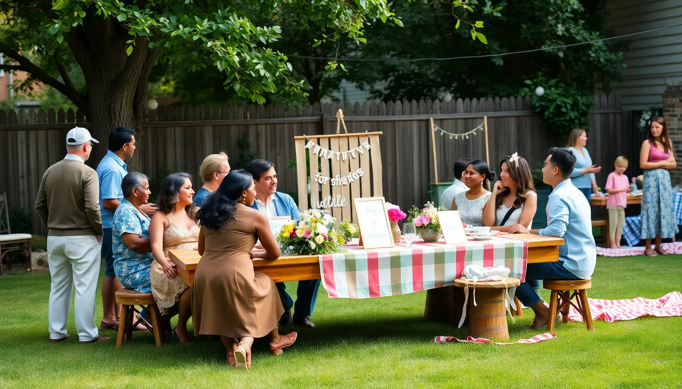 diverse group enjoying a backyard gathering for a thrifty event.