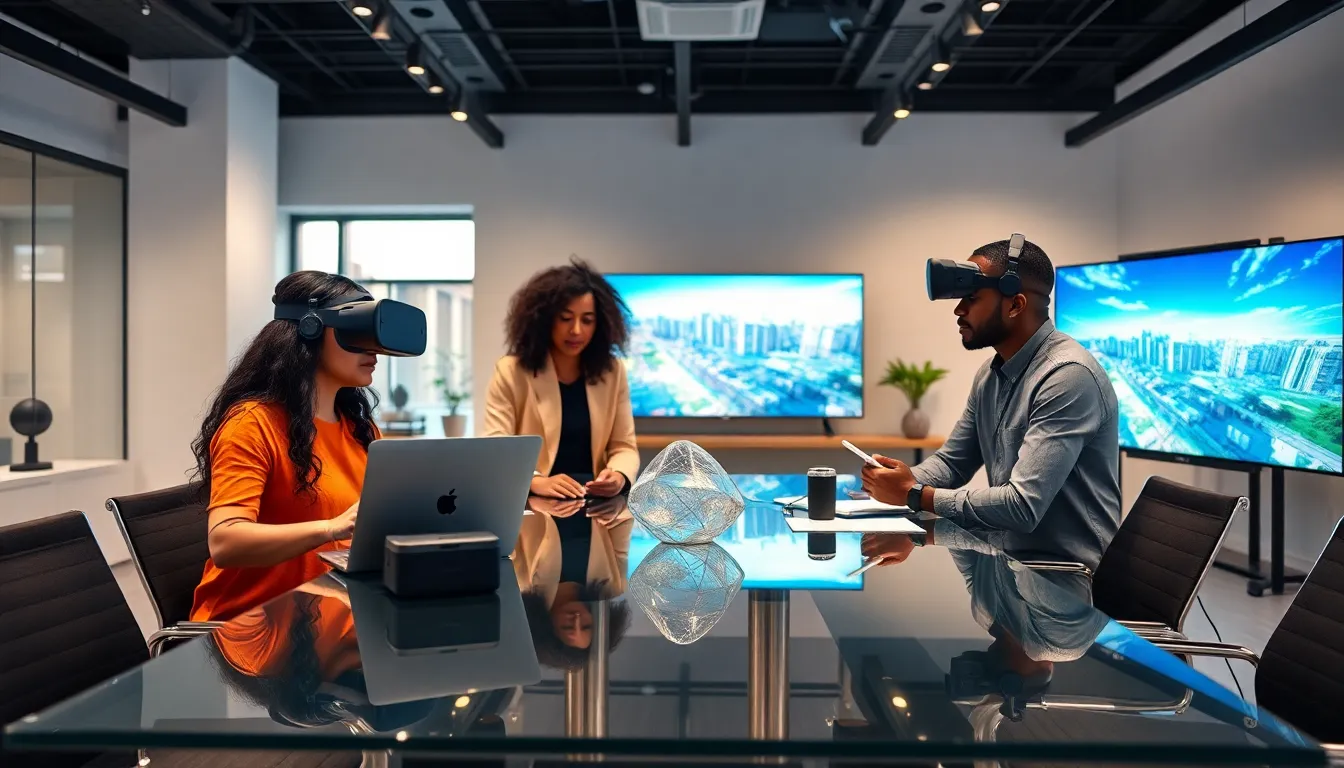 team collaborating on virtual reality production in a modern office.