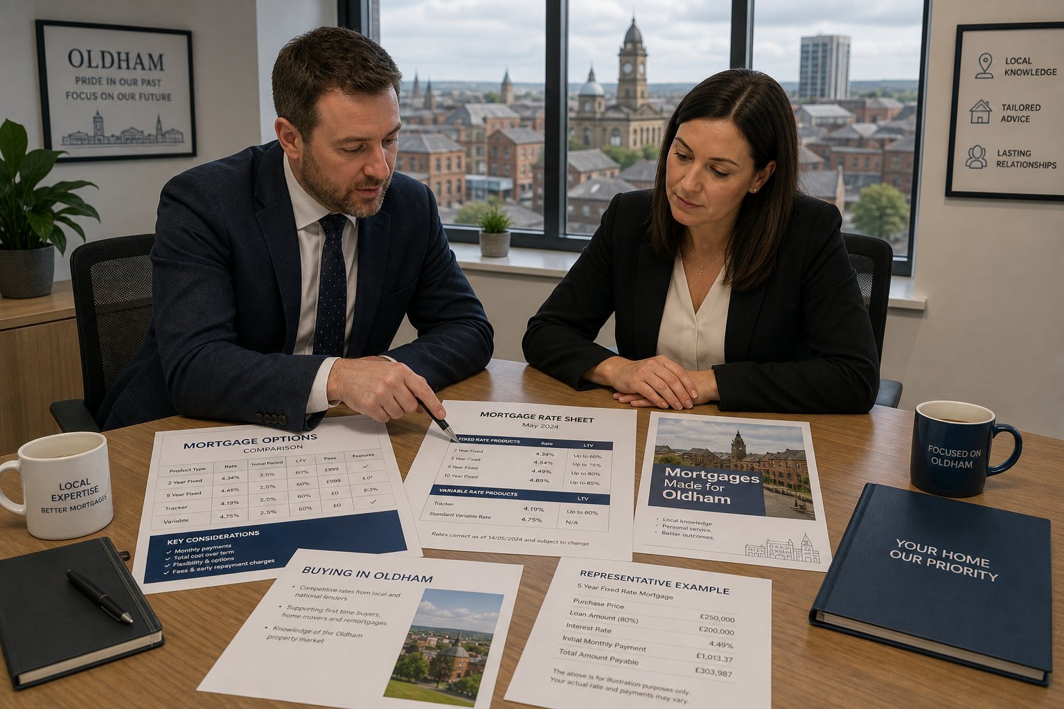 Two professionals comparing local commercial lending documents in a bright office meeting room.