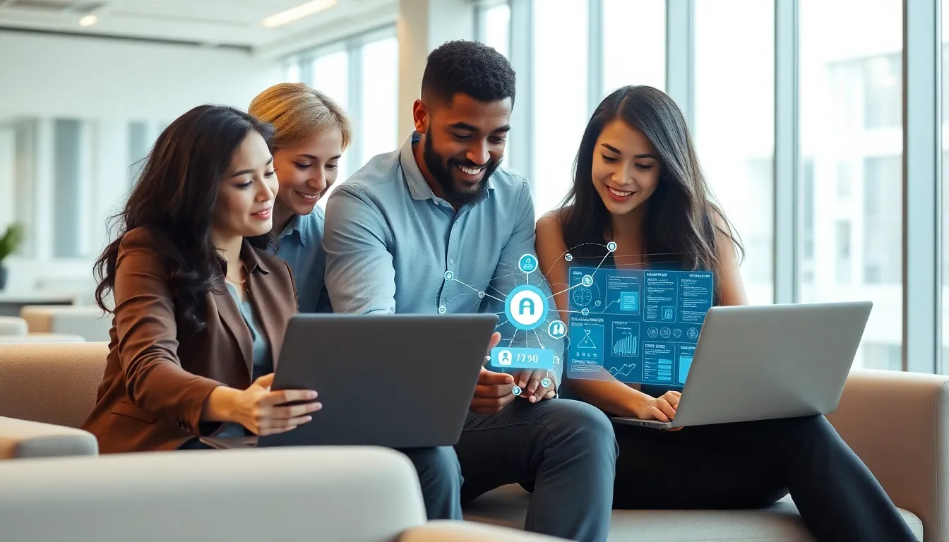 diverse professionals collaborating over data analysis in a modern office.