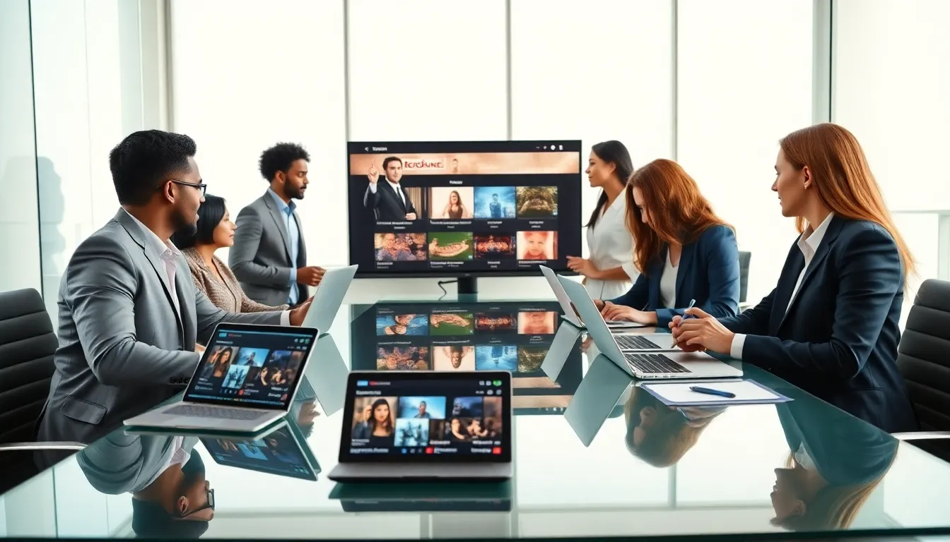 diverse team collaborating in a modern office about entertainment trends.