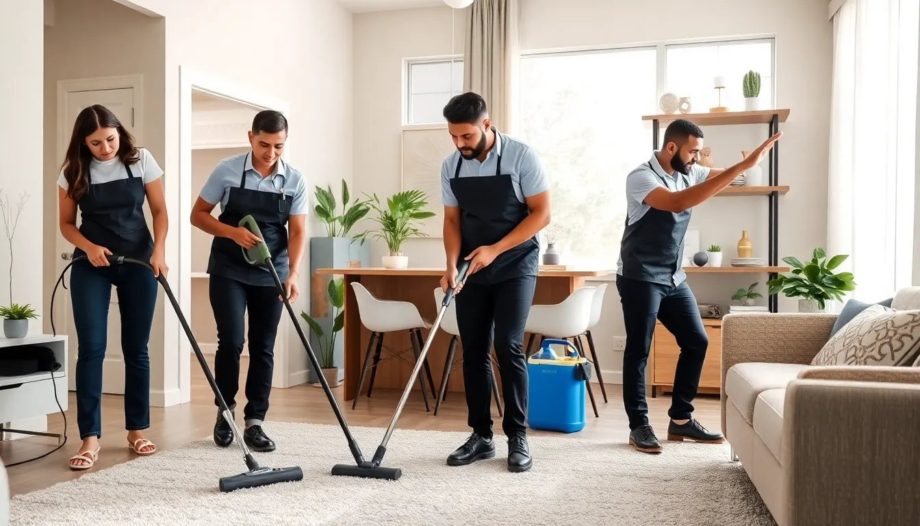 cleaning team working in a bright modern home interior.