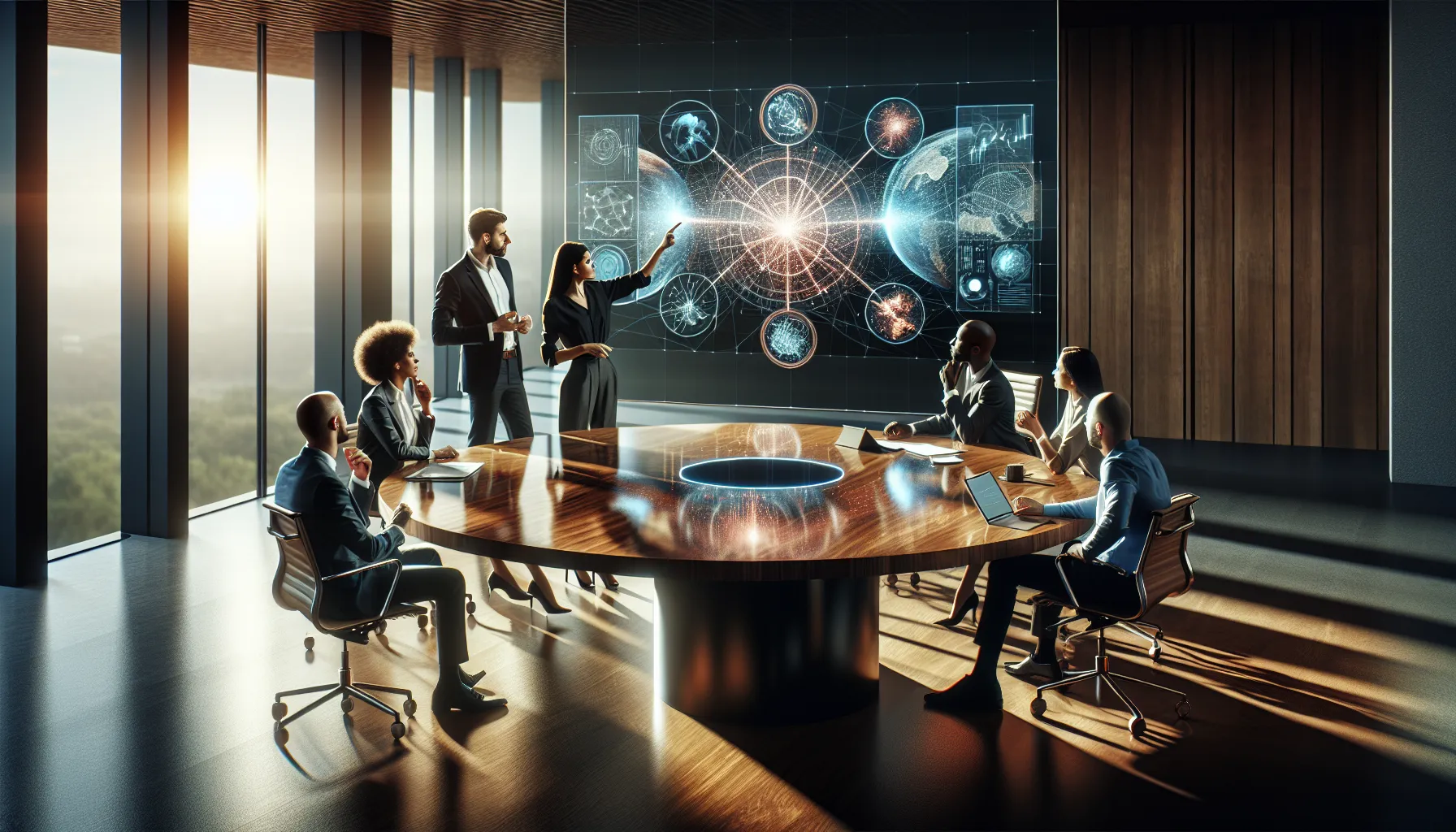 diverse team discussing complex ideas in a modern office.