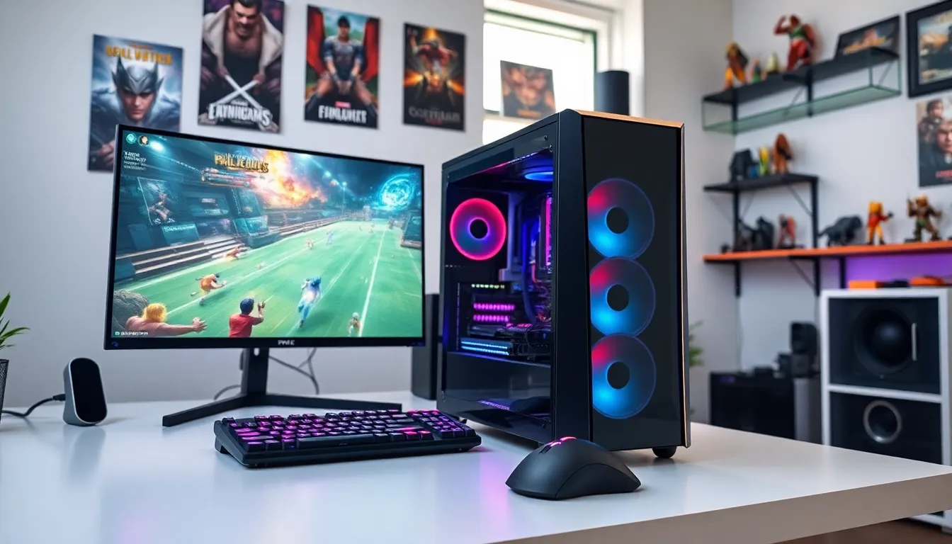 A powerful transport gaming PC on a modern desk with gaming accessories.