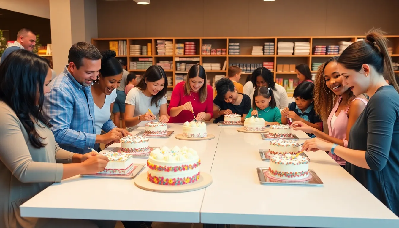Group participating in a cake decorating class at Michaels store.
