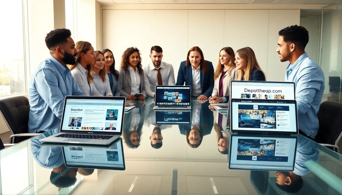 team collaborating in a modern office about Depotheap.com.