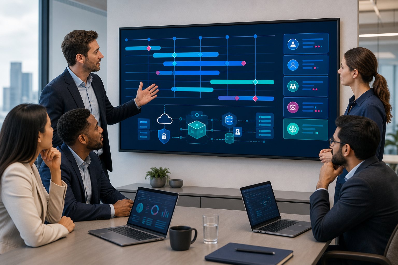Team reviewing portal project timelines on a modern office dashboard.