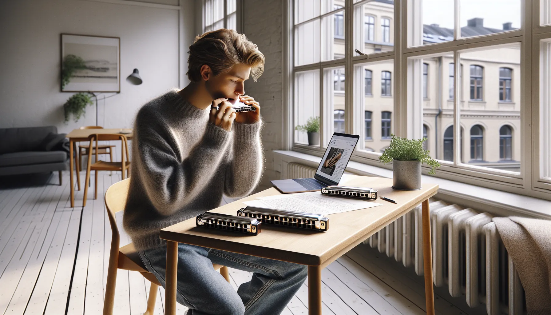 Beginner in a norwegian home choosing a diatonic c harmonica for practice.