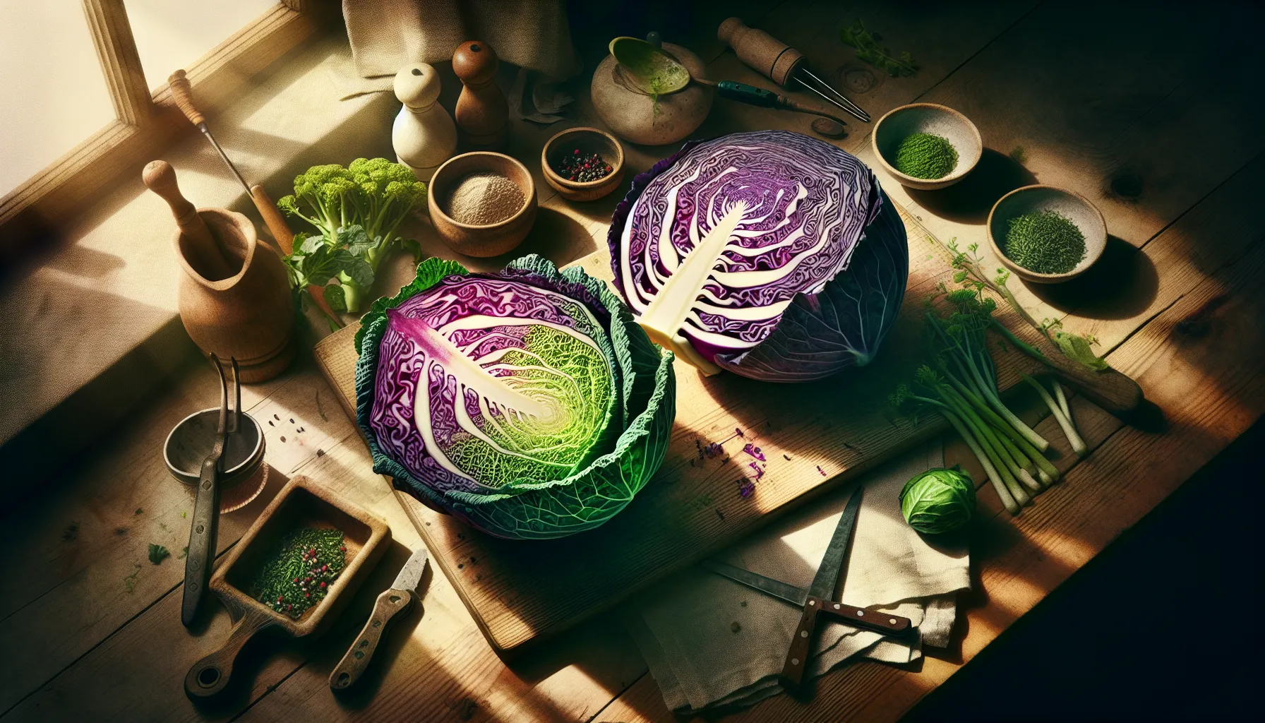 Red and green cabbage on a wooden counter near a sunny window.