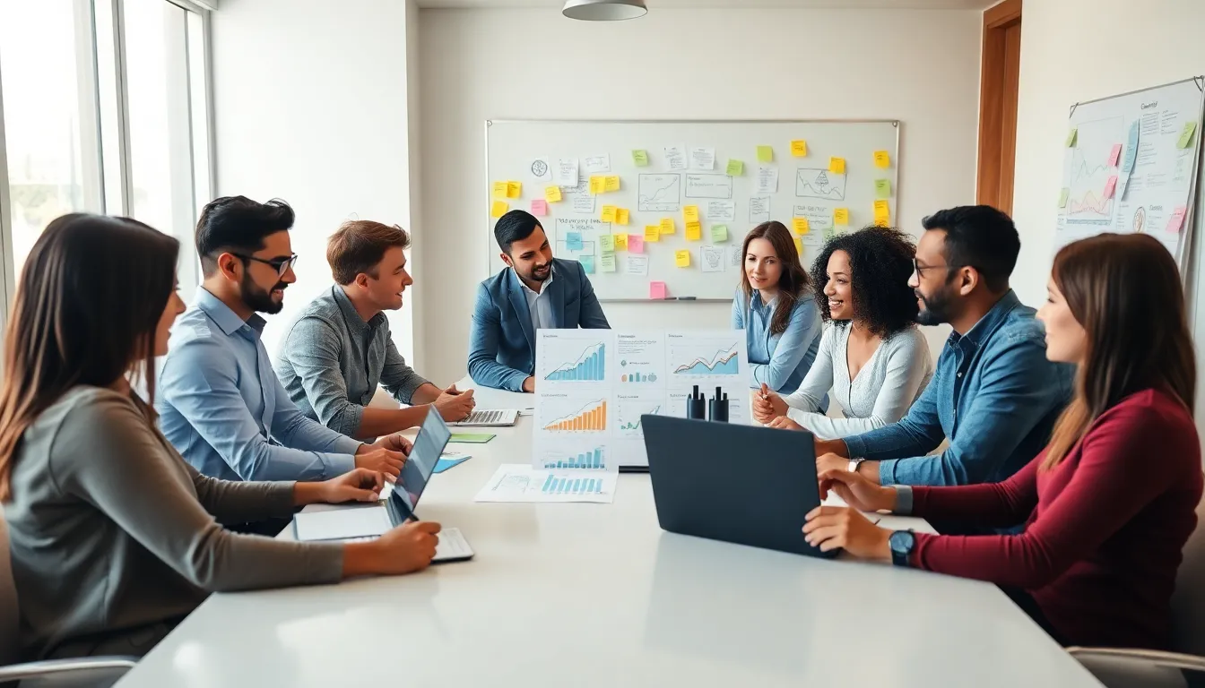 diverse team brainstorming growth strategies in a modern office.