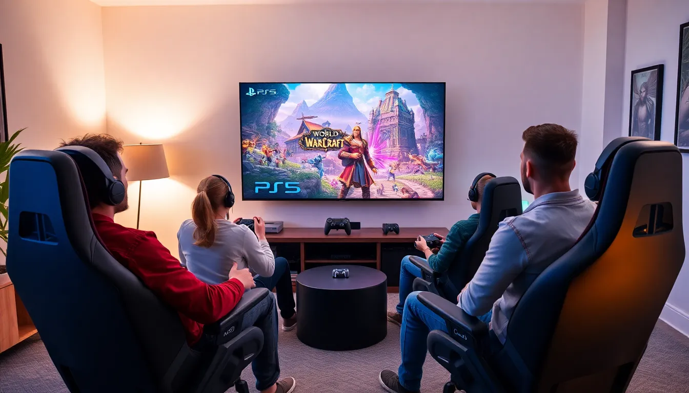 diverse group of gamers playing World of Warcraft on PS5 in a modern living room.