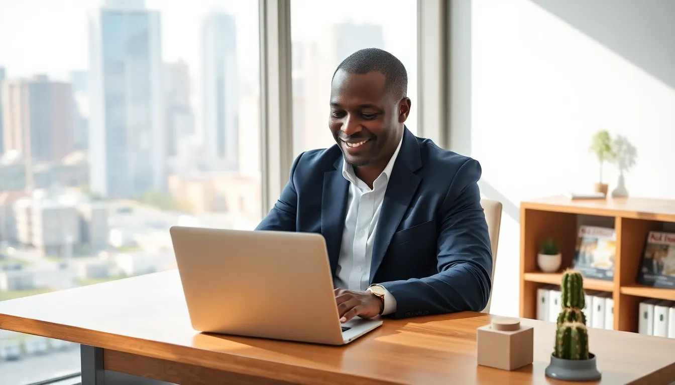 A real estate agent email communication in a modern office setting.