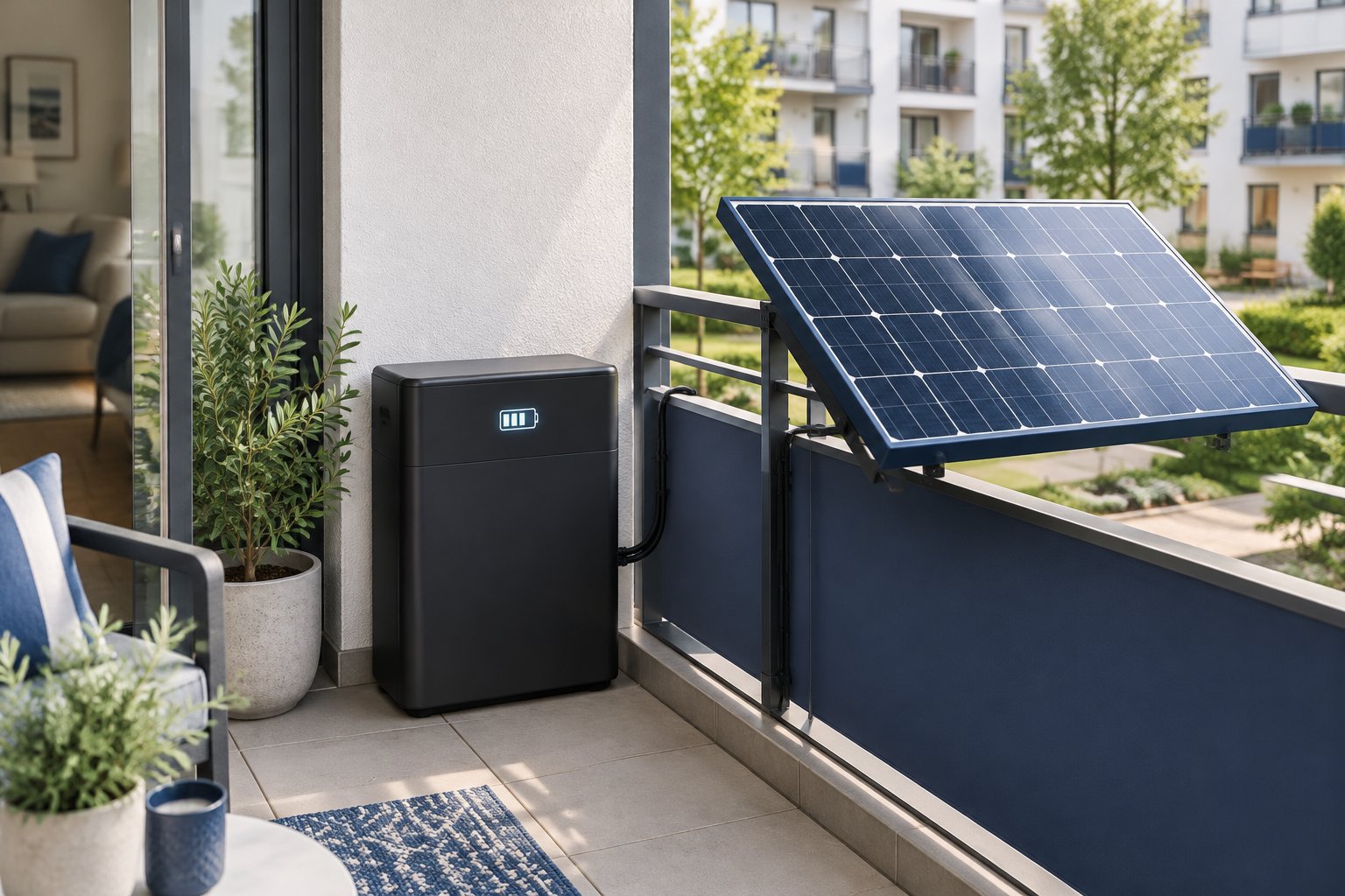 Balkonkraftwerk-Speicher mit Ladezustandsanzeige neben einem Solarmodul