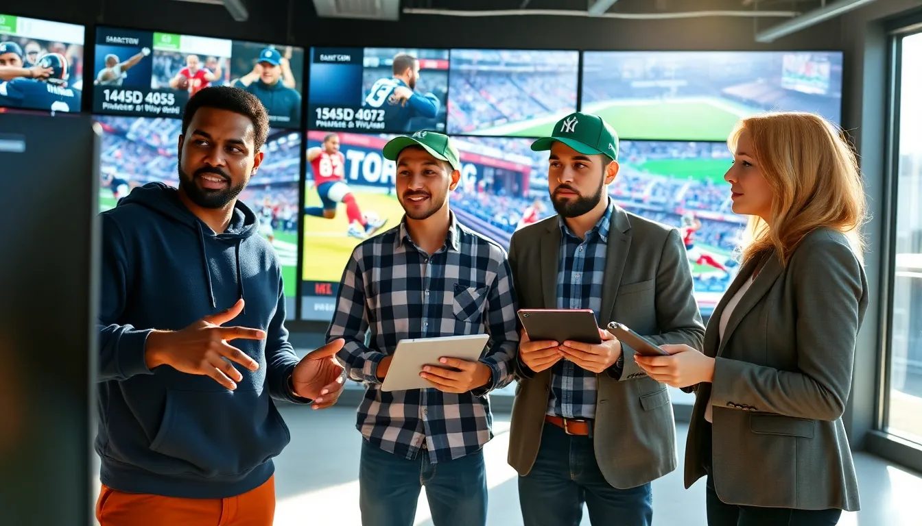 a diverse group of journalists discussing sports news in a modern newsroom.