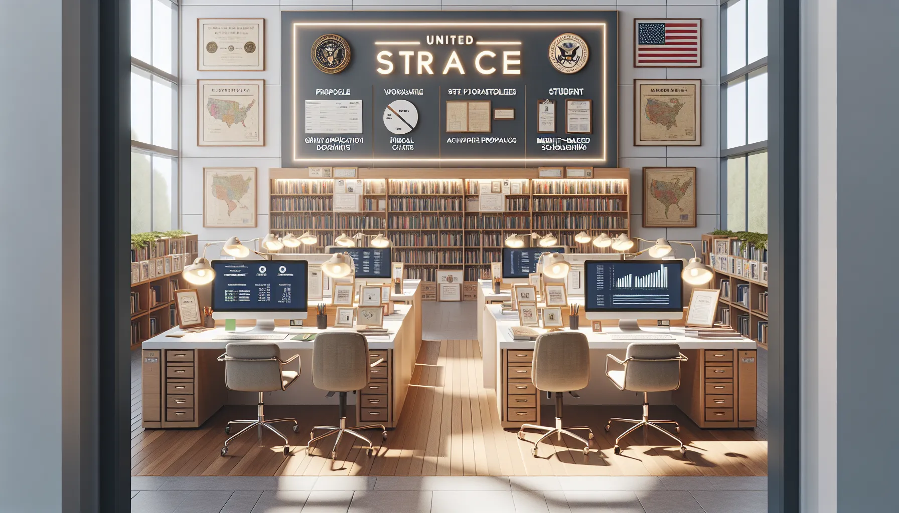 A library desk with documents for grants and scholarships.