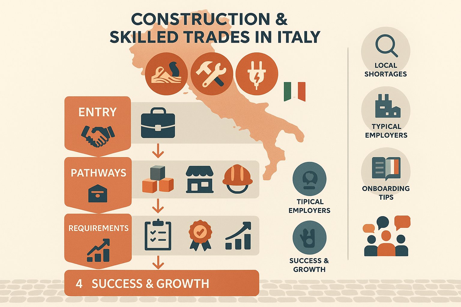 Infografica che mostra il percorso nei mestieri dell'edilizia in Italia con icone e passaggi.