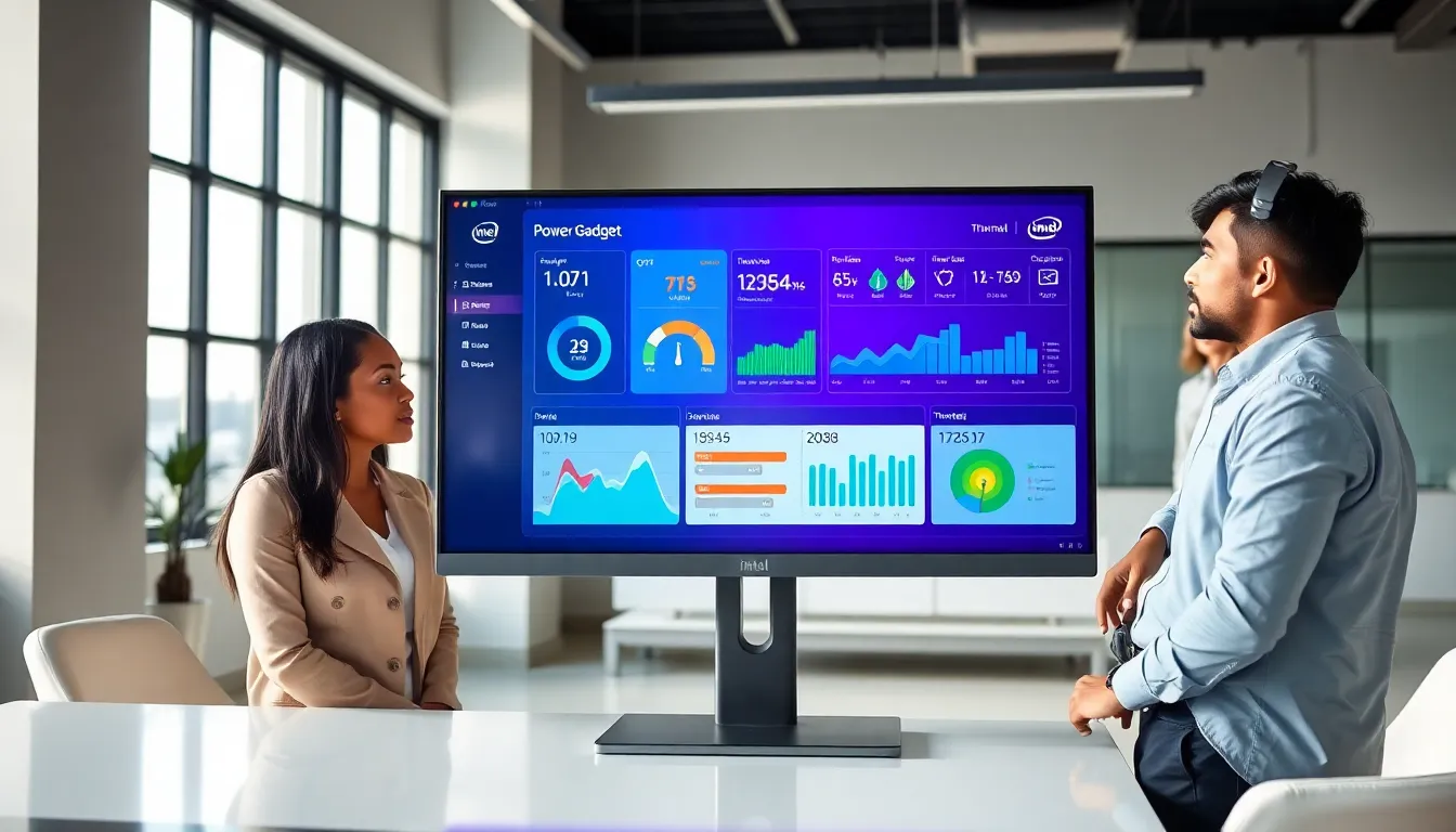 professionals discussing Intel Power Gadget in a modern office setting.