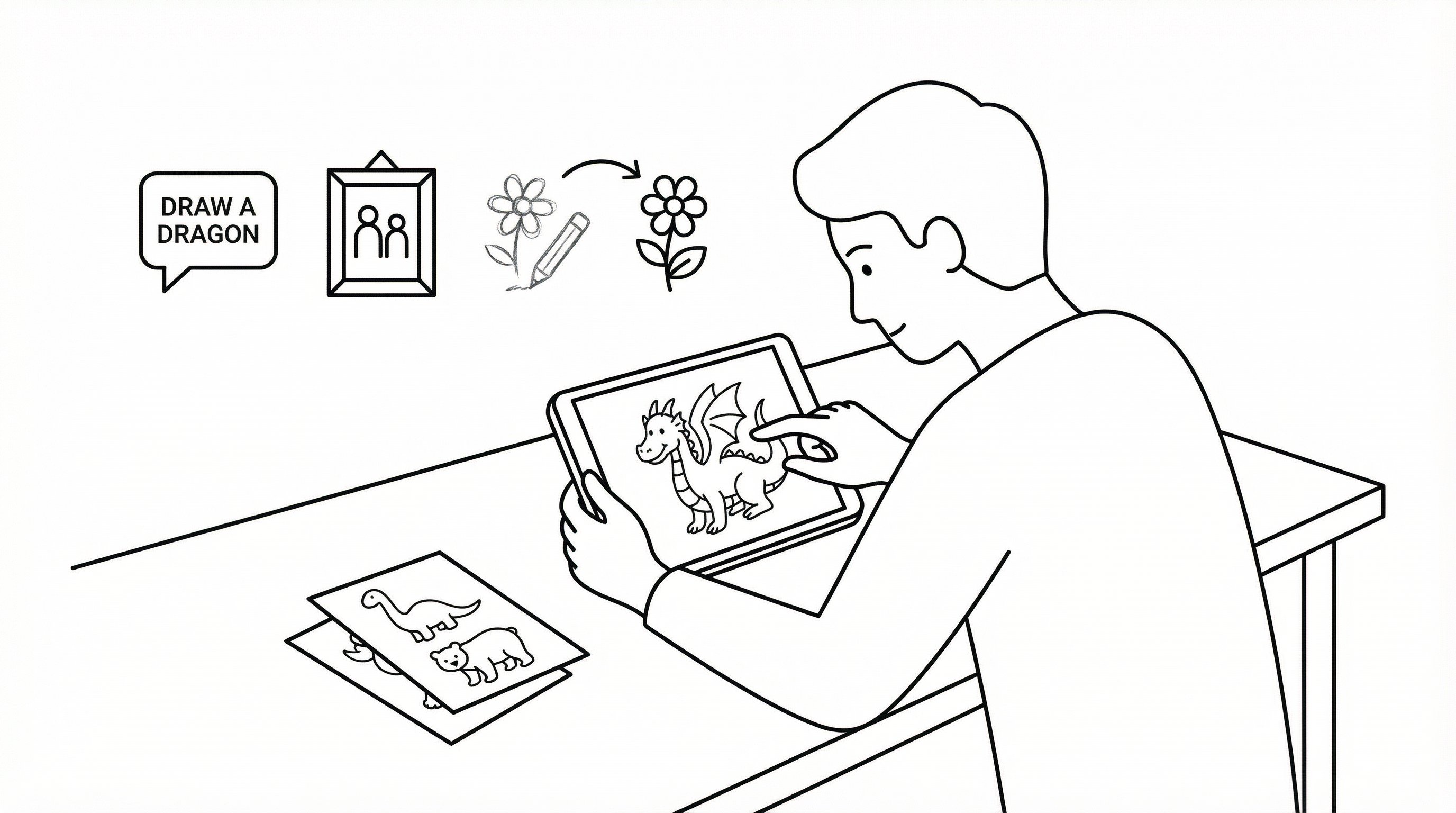 Person making printable coloring pages from ideas, photos, and sketches.
