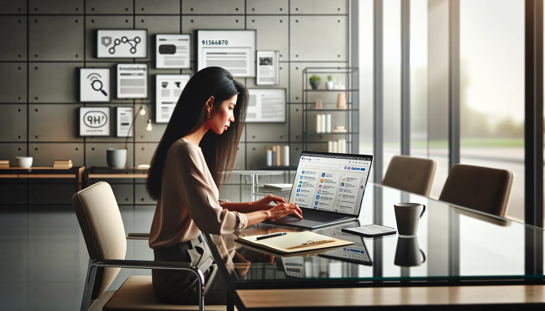 person researching 9152661070 in a modern office.