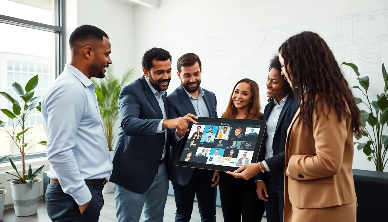diverse team discussing a curated collection in a modern office.