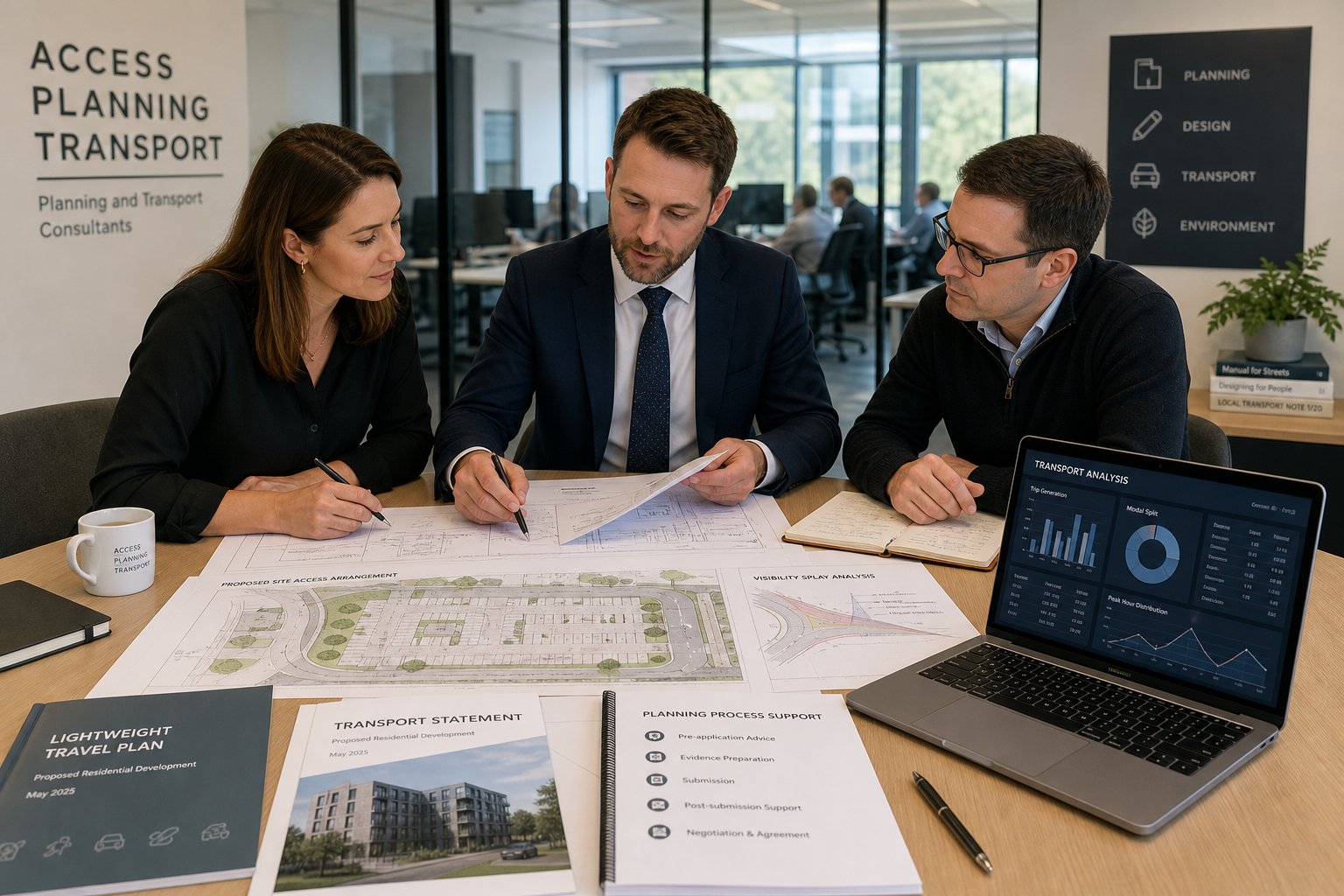Transport consultants reviewing planning and site documents in a modern UK office.