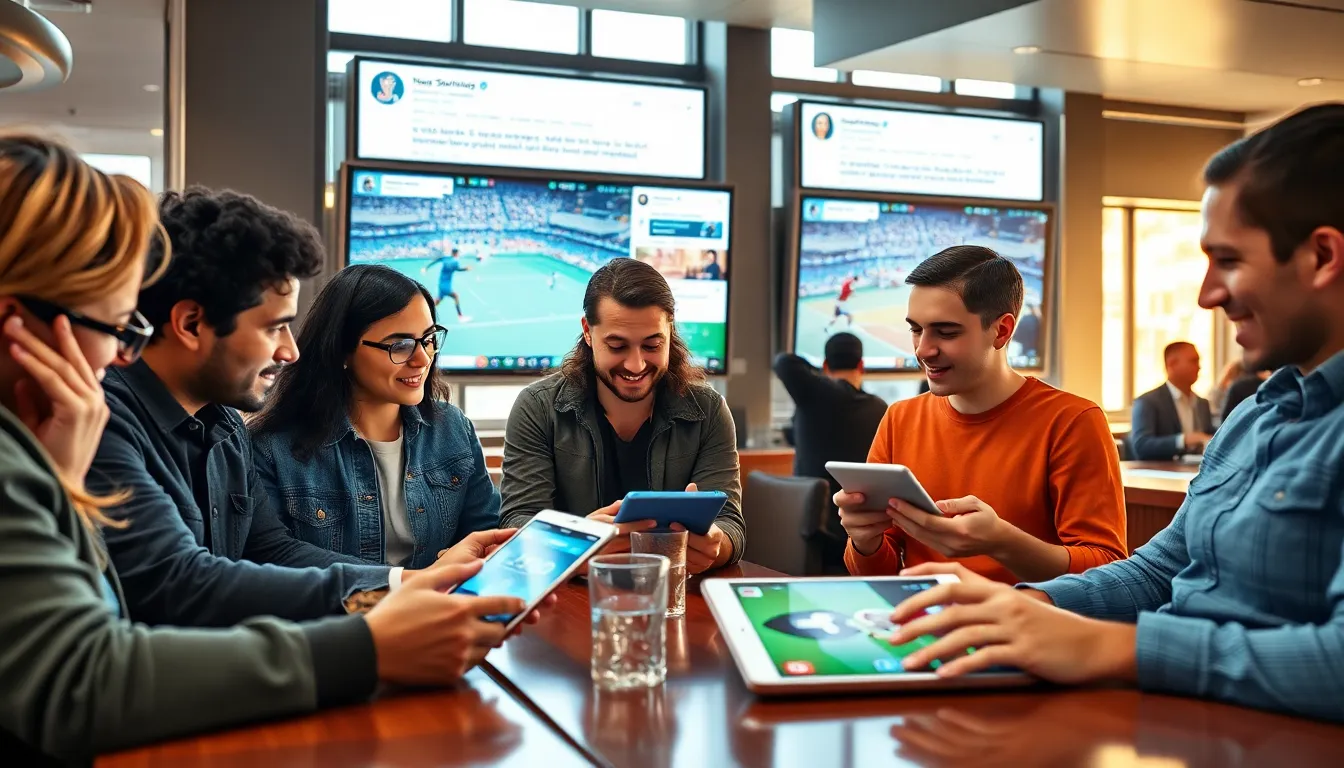 diverse sports fans engaging with digital news in a modern café.