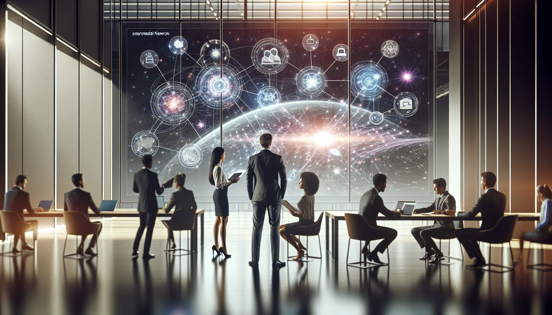 diverse professionals collaborating in a modern workspace with digital networks.