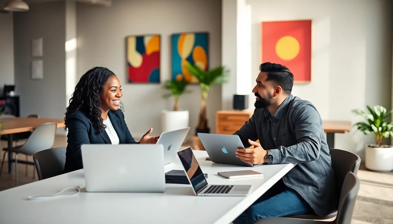 two professionals engaging in a collaborative discussion in a modern workspace.