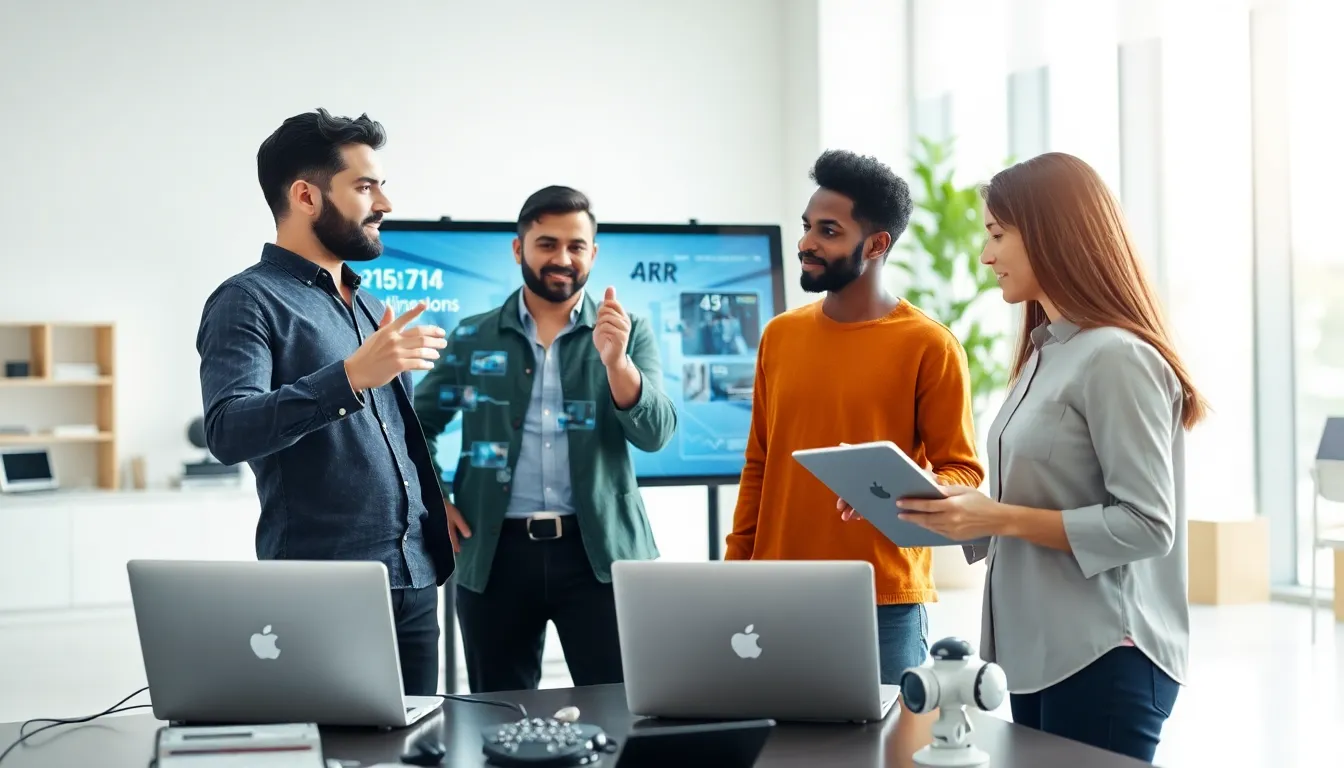 diverse team of AR app developers collaborating in a modern office.