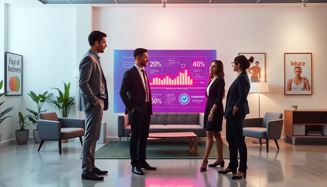 professionals discussing hormone wellness in a modern office.