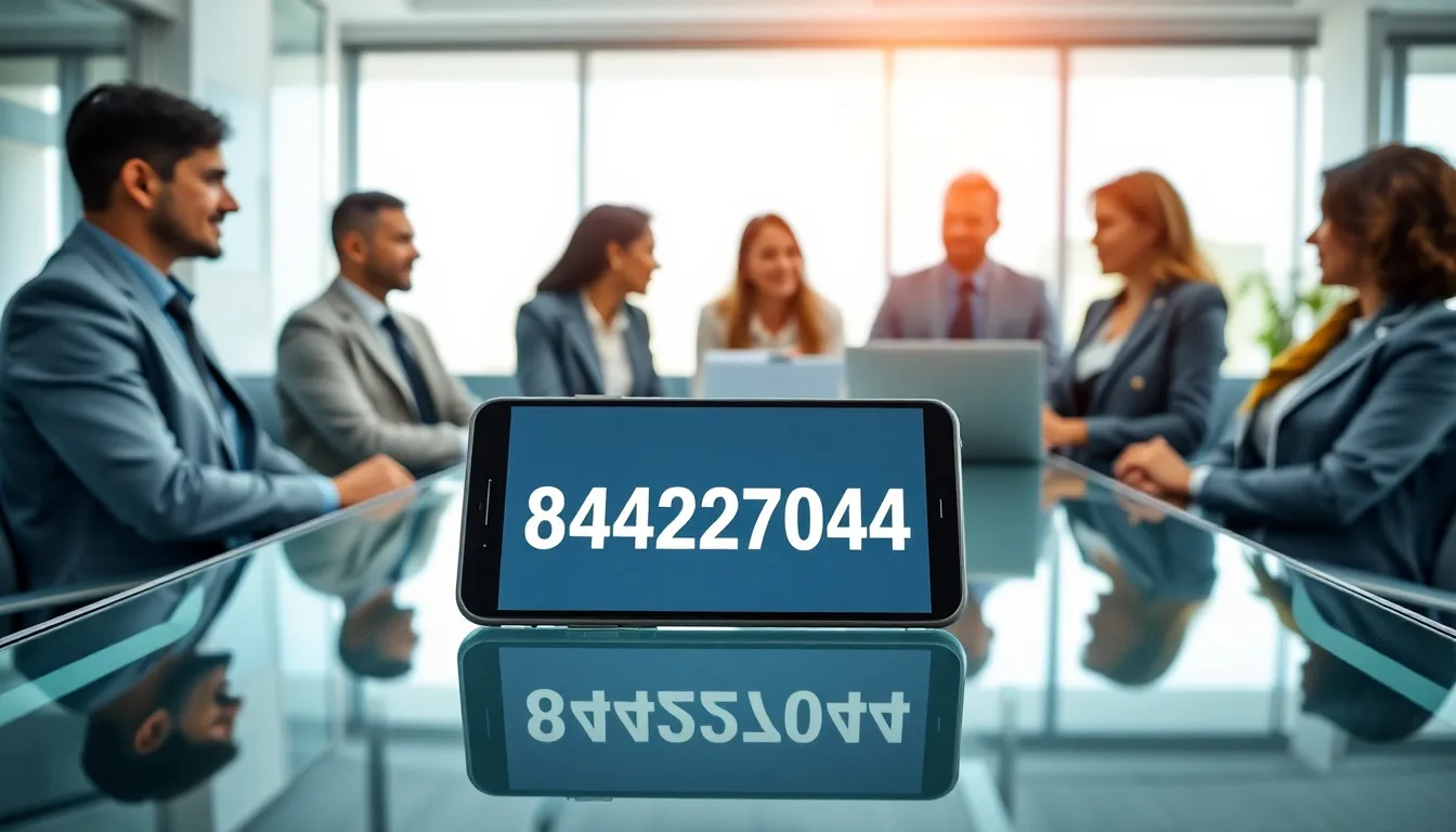 Smartphone displaying toll-free number in a modern office setting.