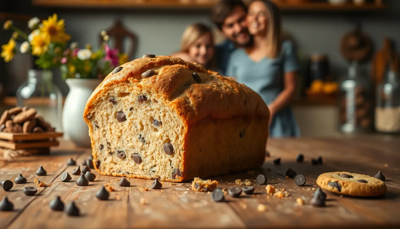 freshly baked CookiesForLove Bread with chocolate chips and cookie crumbs.