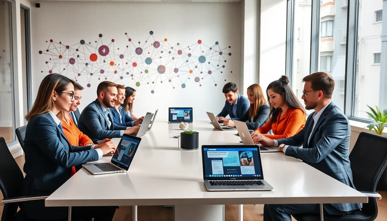 diverse team collaborating on modern web design in a bright office.