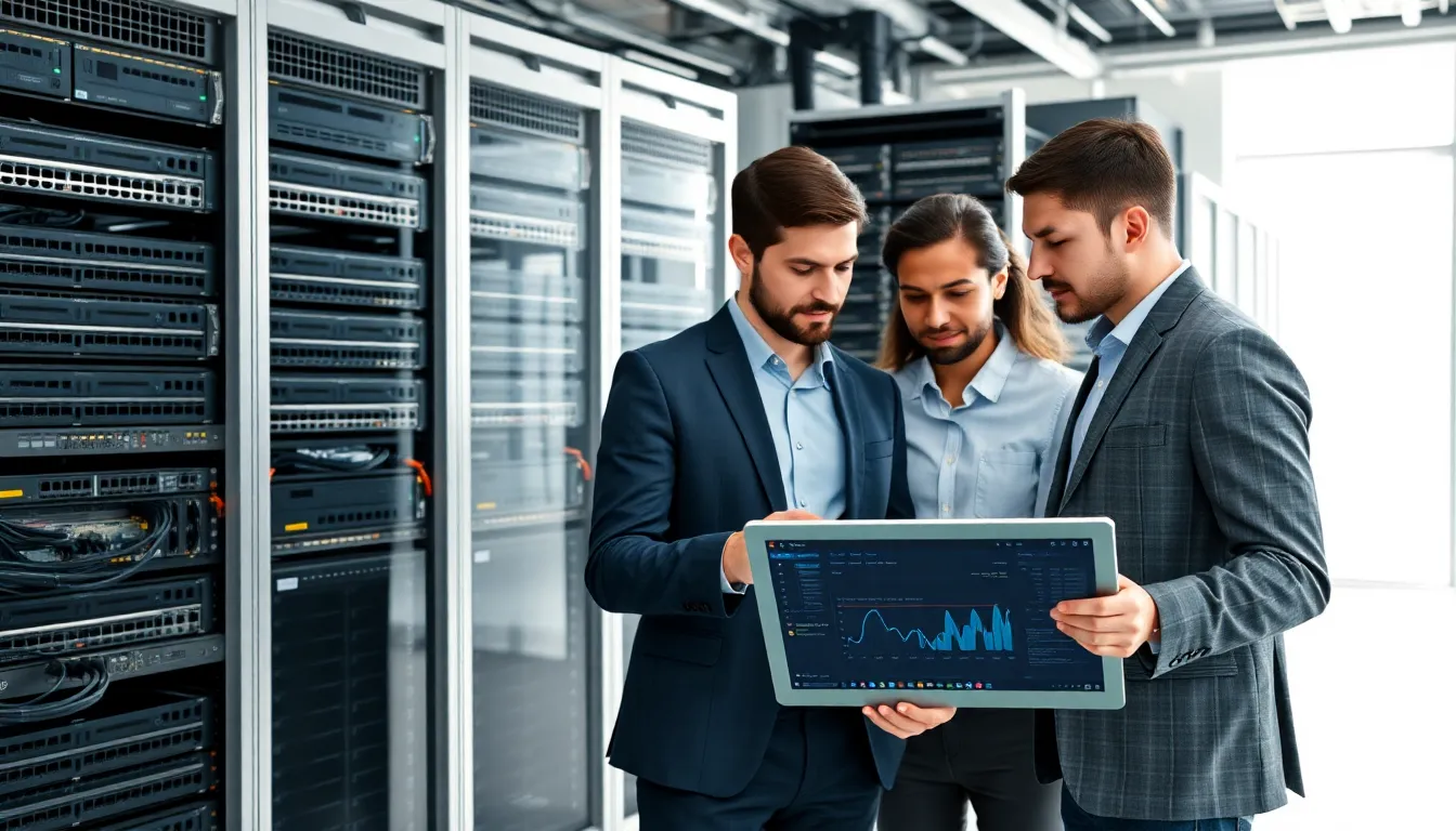 team discussing server hardware in a modern server room.