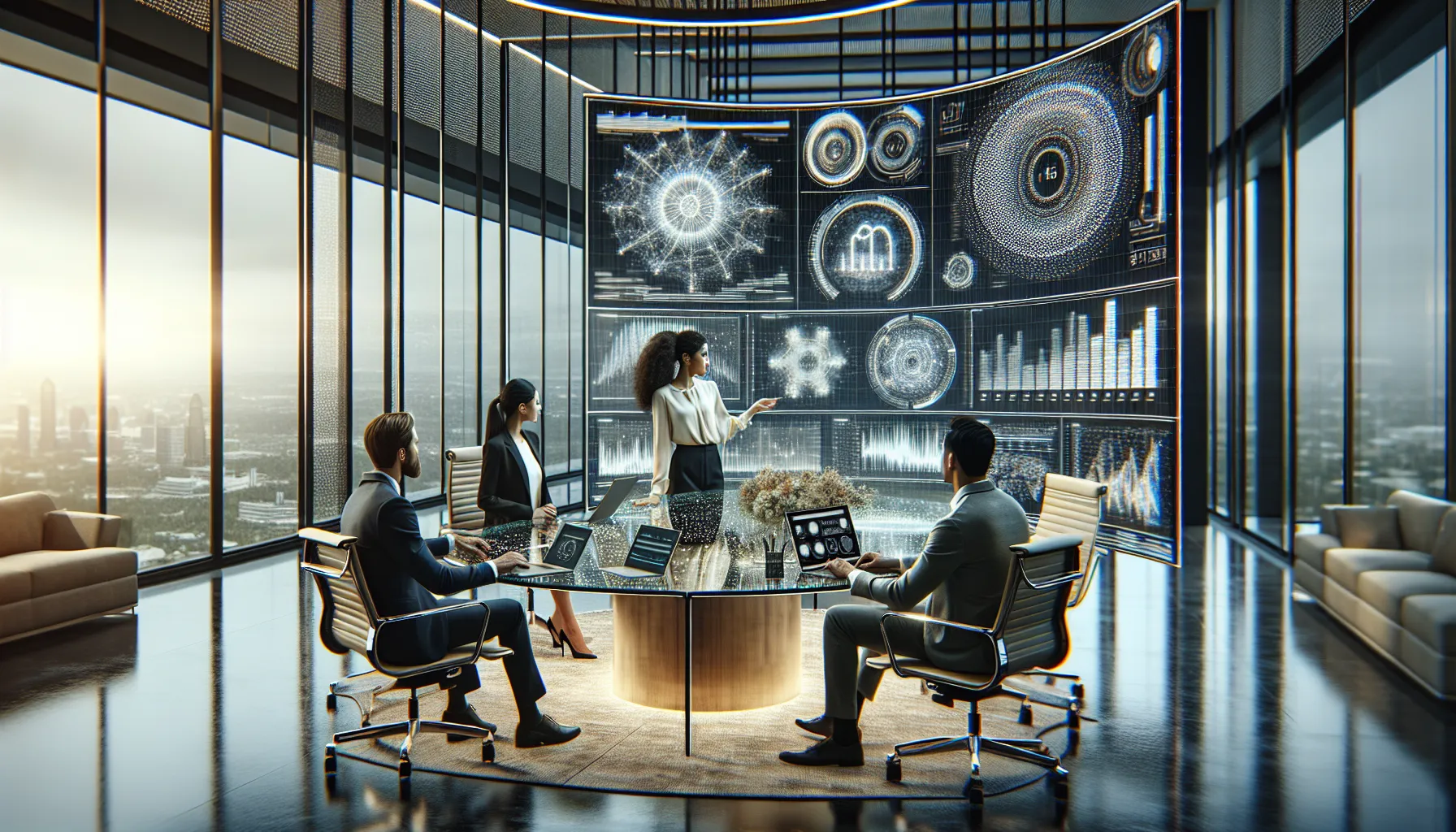 professionals discussing data analytics in a modern conference room.