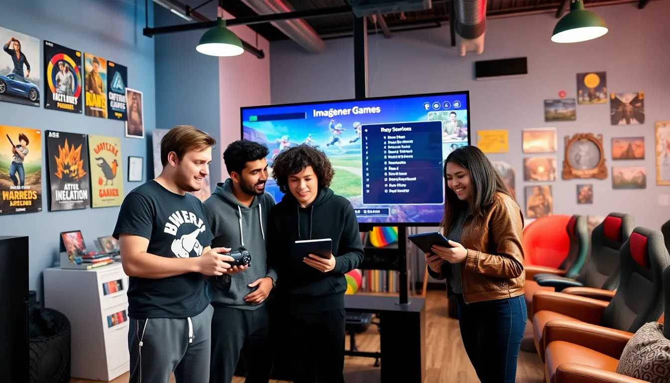 a diverse team discussing video game development in a bright studio.
