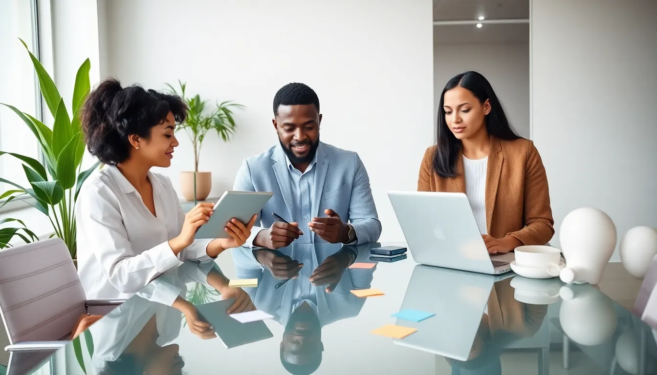 diverse team discussing productivity strategies in a modern office.