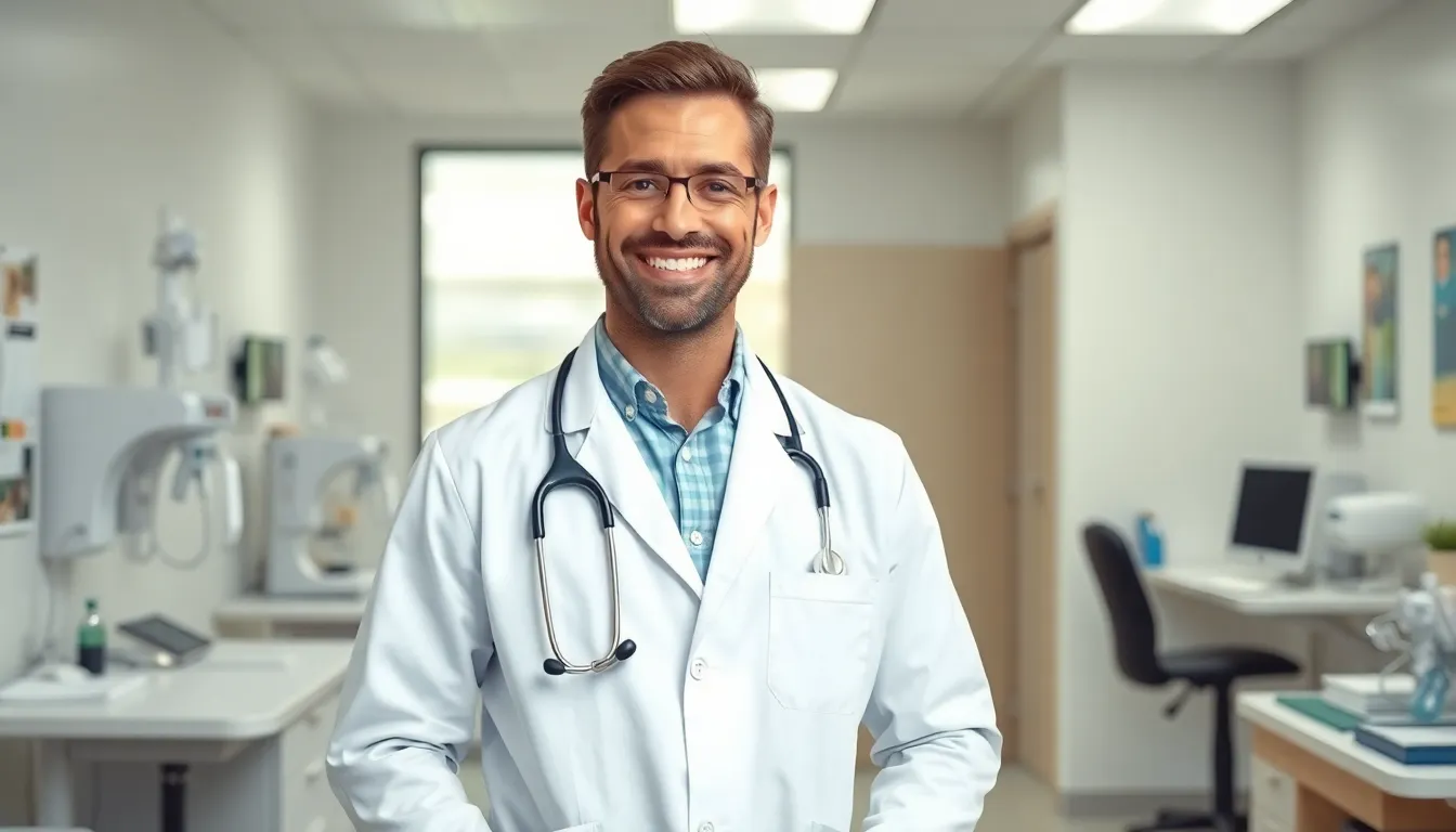direct primary care doctor, smiling in clinic