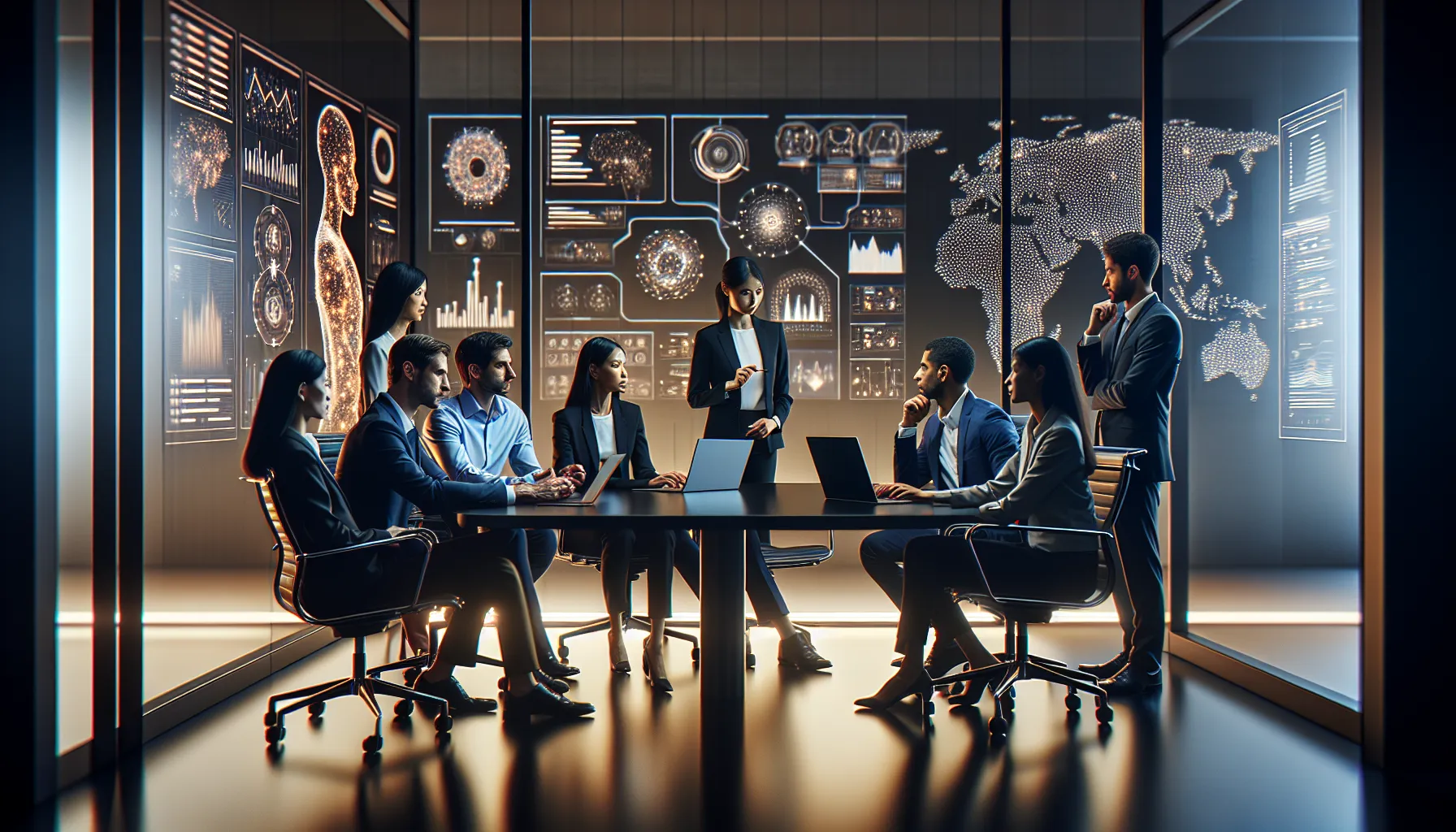 diverse team brainstorming in a modern workspace with tech displays.