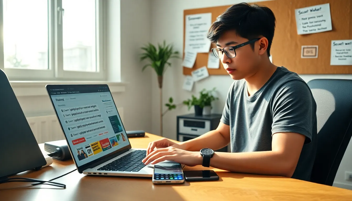 a young adult managing passwords on a laptop in a cozy home office.