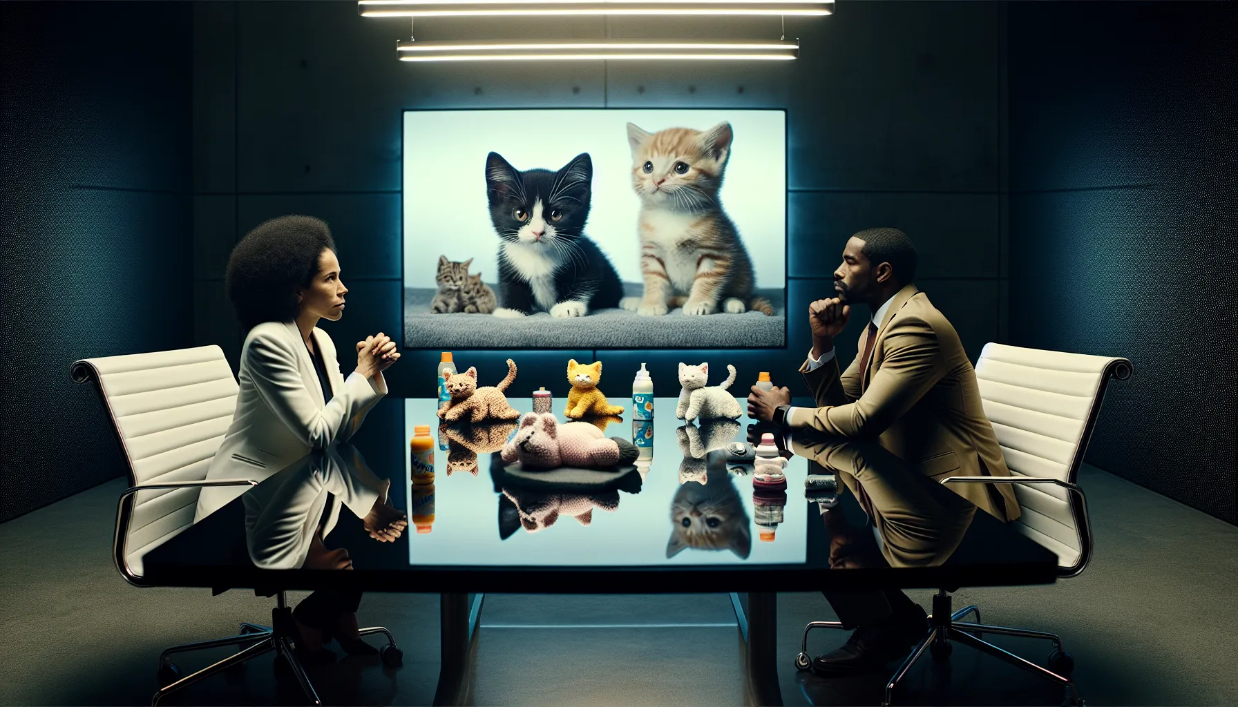 Hello Kitty merchandise on a table with professionals discussing serious themes.