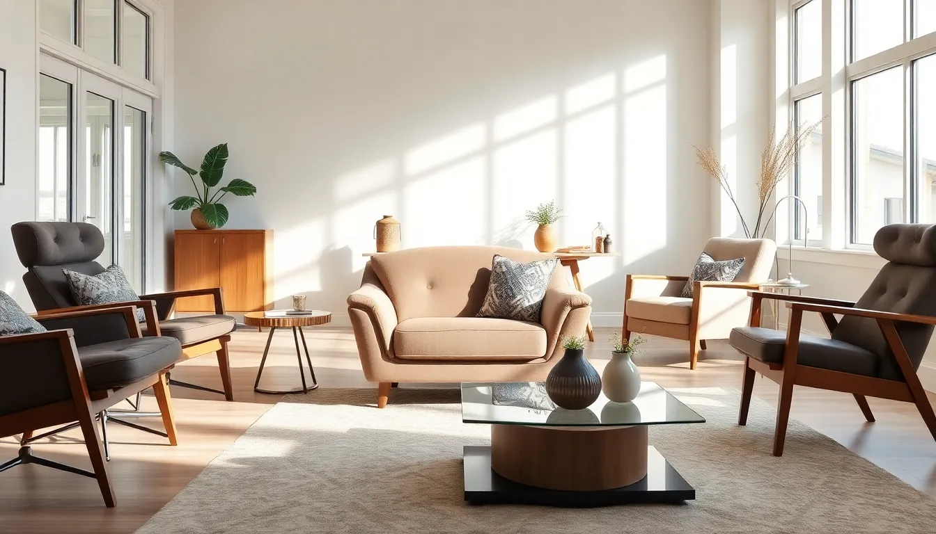 comfortable living room featuring a variety of stylish chairs.