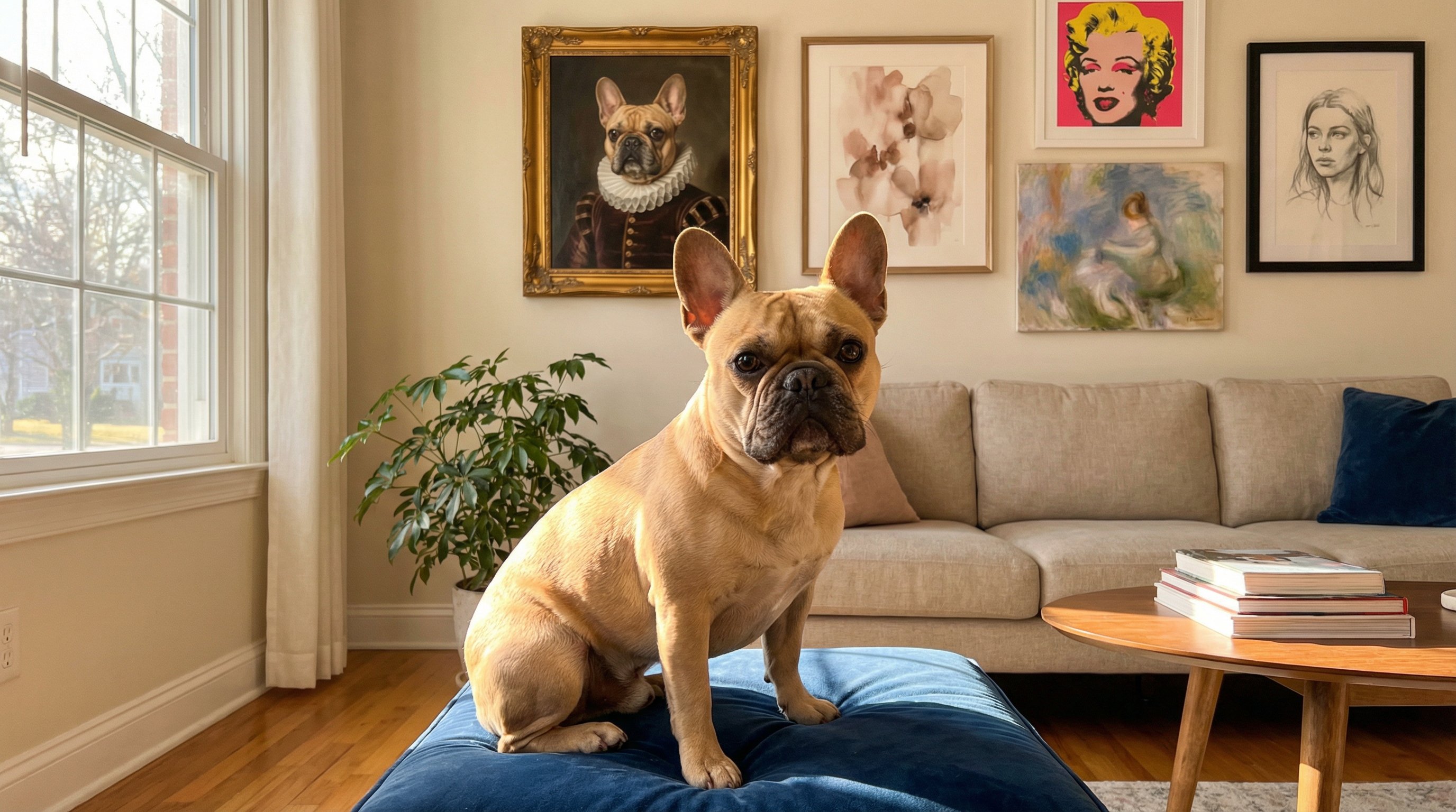 French Bulldog sitting in a living room with various portrait styles on the wall.