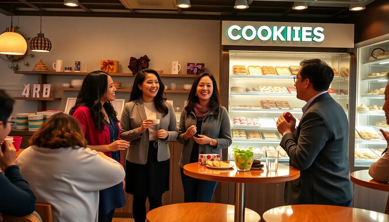 inviting Crumbl Cookies shop with diverse customers enjoying colorful cookies.