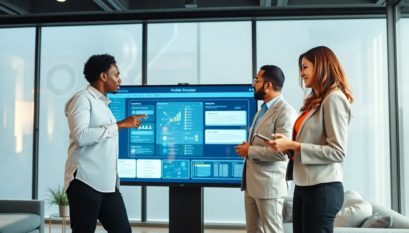 diverse team collaborating around a problem simulator in a modern office.